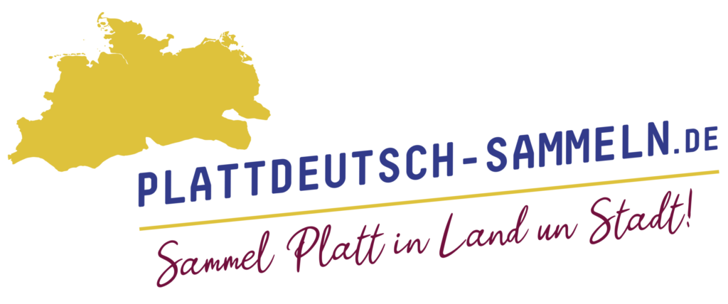 gelbe Landkarte von Norddeutschland. Darunter in blau und rot: "Plattdeutsch-Sammeln.de - Sammel Platt in Land un Stadt!"