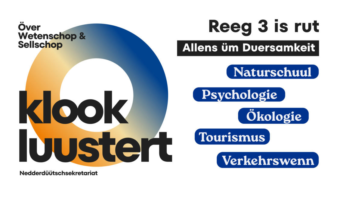 Logo der Reihe "klook lustert" vom Niederdeutschsekretariat mit Inhalten der Reihe 3: Naturschuul, Psychologie, Ökologie, Tourismus, Verkehrswenn.